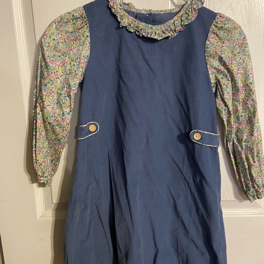 EC Little English Girls Light Blue Corduroy Dress Size 8 Floral Long Sleeve EUC